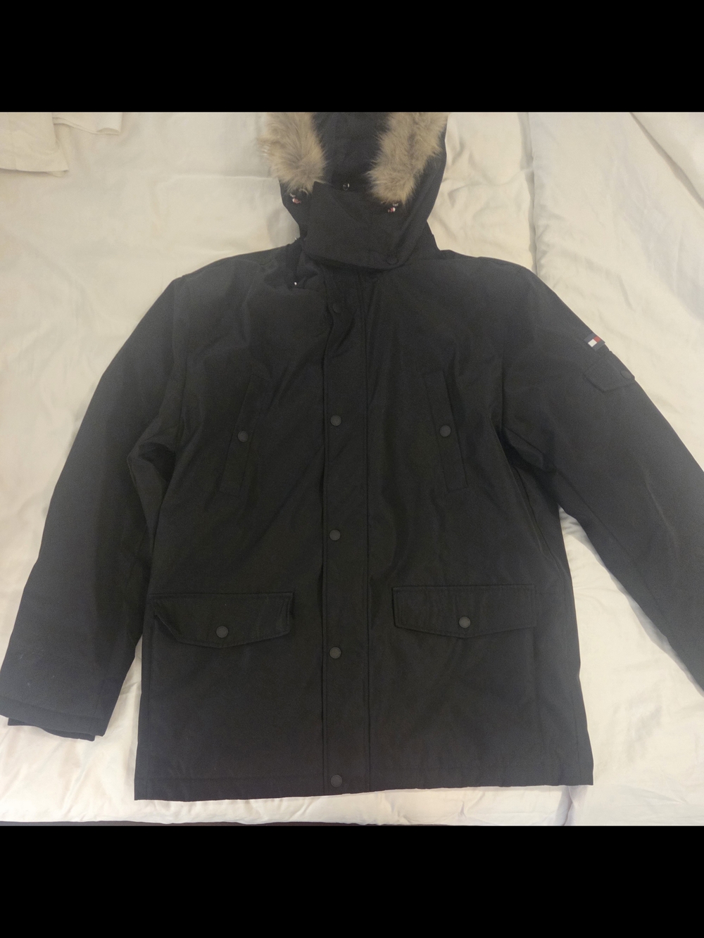 Tommy Hilfiger Men's Black Parka Jacket with Fur-Trim Hood
